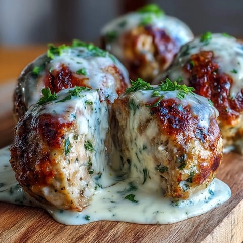 Golden-baked turkey meatballs smothered in a creamy garlic ranch sauce garnished with fresh parsley.