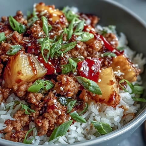 A close-up of the Sweet-and-Sour Turkey Rice Skillet, featuring juicy pineapple chunks and colorful bell peppers mixed into fluffy rice.