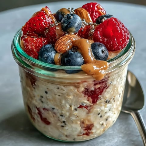 Creamy overnight oats layered with juicy berries and a rich almond butter swirl in a glass jar.