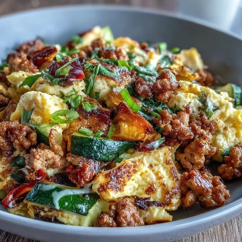A close-up of the Keto Sausage and Veggie Breakfast Scramble shows fluffy eggs with browned sausage crumbles, diced red peppers, and green zucchini.