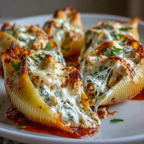 Golden baked Pesto Chicken Stuffed Shells Lite bubbling with marinara in a white dish, ready to serve.
