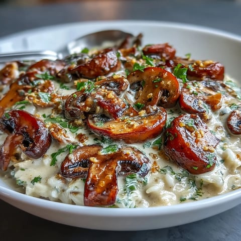 Creamy vegan mushroom stroganoff served over fluffy brown rice, garnished with fresh parsley.  