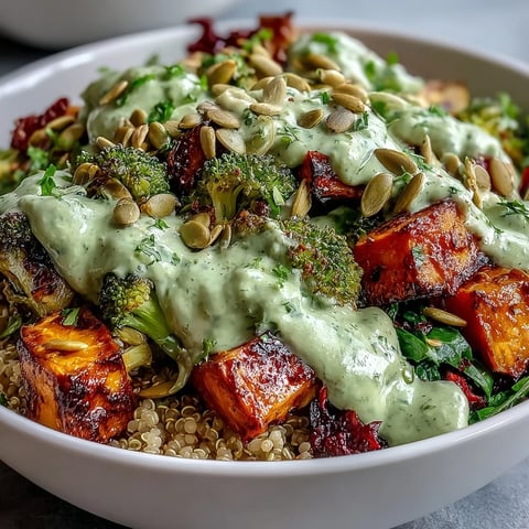 A colorful vegan Buddha bowl with roasted sweet potatoes, broccoli, and bell peppers, topped with creamy avocado Green Goddess dressing.  