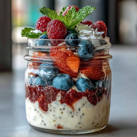 Creamy chia pudding layered with fresh strawberries, blueberries, and raspberries in meal prep cups.  
