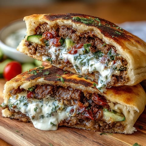 Mediterranean ground beef stuffed pita pockets filled with spiced beef, fresh vegetables, tangy feta, and creamy yogurt sauce—perfect handheld meal for busy weeknights.