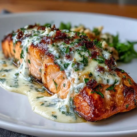 Baked salmon fillets in creamy lemon butter sauce with Parmesan and parsley, perfect for an elegant weeknight dinner.  