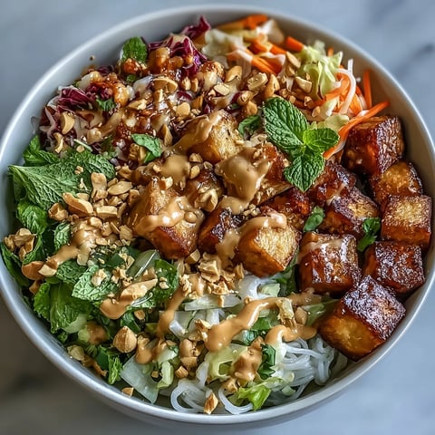 Vibrant Asian spring roll bowl with peanut sauce, featuring colorful vegetables and fresh herbs over rice noodles.