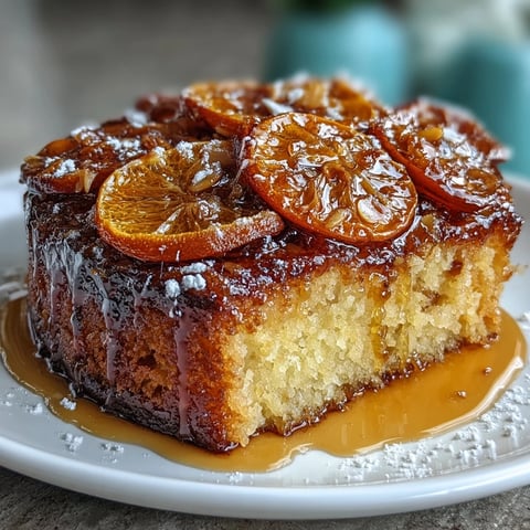 A golden Candied Orange Almond Cake with vibrant citrus slices glistening on top, perfect for gluten-free dessert lovers.