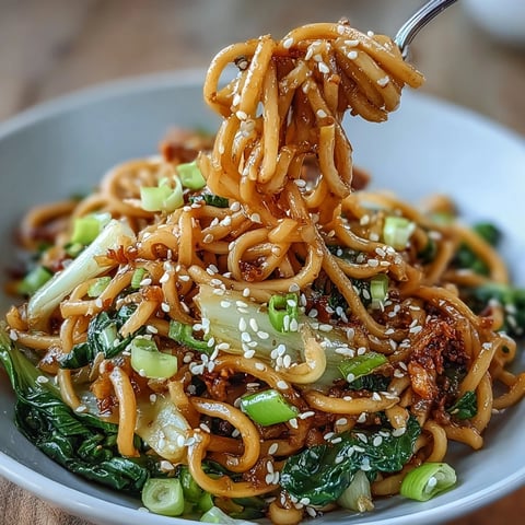 Asian Ginger Scallion Noodles with Sautéed Greens in a savory ginger-scallion sauce, topped with vibrant bok choy and snap peas.
