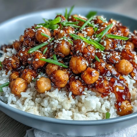 Crispy chickpeas in spicy chili-garlic sauce served over fragrant jasmine rice for a vibrant, plant-based meal.