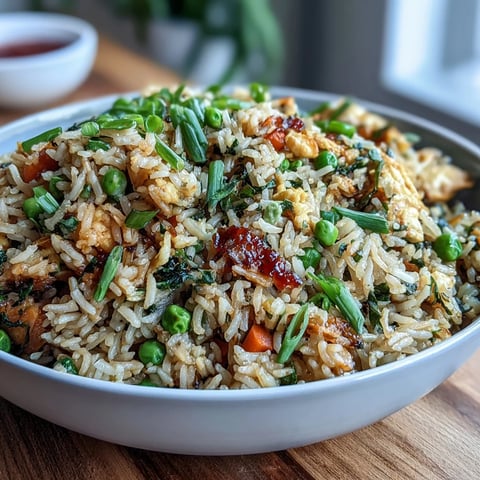 A colorful bowl of veggie-packed fried rice with spring peas, carrots, and bell peppers, topped with fresh green onions.  
