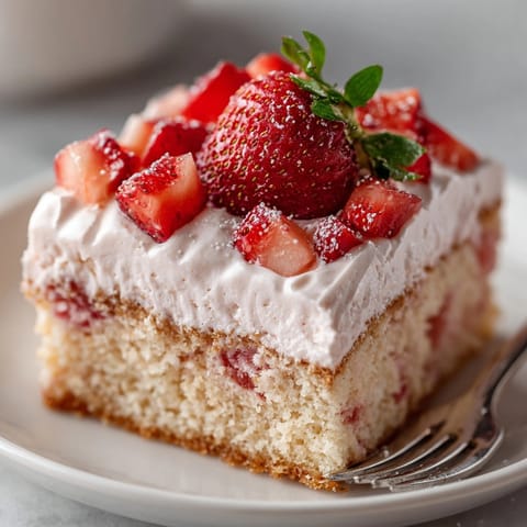 Easy Strawberry Milkshake Sheet Cake Squares recipe: sweet, summertime nostalgia bake.