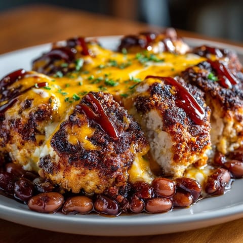 Golden, bubbly Cheesy BBQ Chicken Bake with Smoky Pinto Beans, a delightful, flavorful casserole.