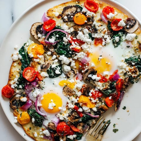 Sizzling homemade Garlic Herb Veggie Breakfast Pizza with runny egg yolks, ready to serve.