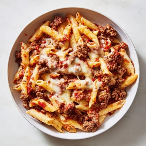 This delicious Cheesy Beef & Penne Bake shows off tender pasta and a hearty meat and tomato sauce.