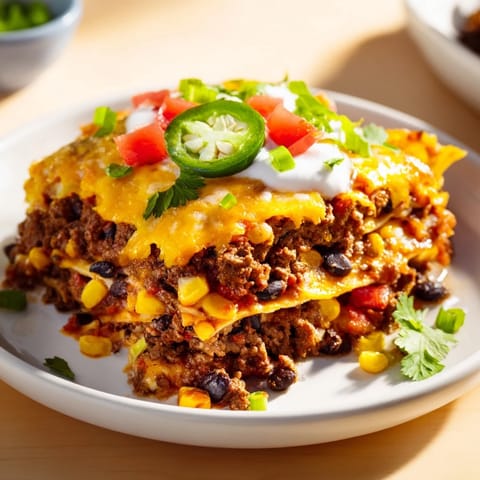 A close-up of a Taco Lasagna, showcasing cheesy top and savory meat filling.