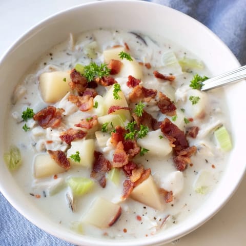 A steaming bowl of New England Clam Chowder, filled with clams, potatoes, and thick creamy broth.