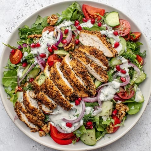 Holiday Black Pepper Chicken & Yogurt Salad: Grilled chicken strips atop fresh salad, drizzled with creamy yogurt dressing.