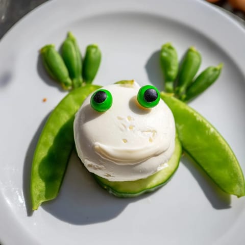 Colorful Frog Pond Snack Tray displays adorable mozzarella frogs, veggies, and fruits perfect for kids' parties.