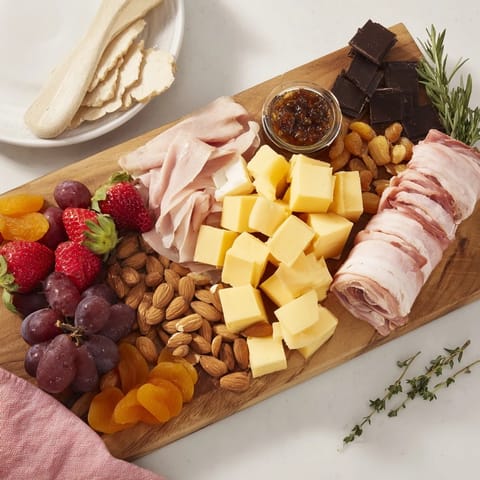 Beautifully arranged Anniversary Heirloom Arrangement features strawberries, chocolate, and aromatic rosemary garnishes.