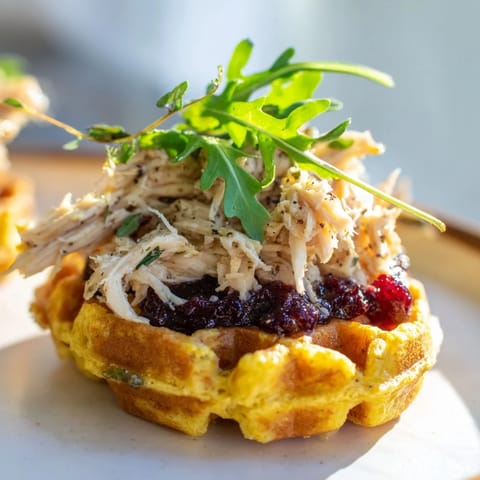 Golden stuffing waffle chicken sliders, stacked high and ready to enjoy with cranberry mayo.