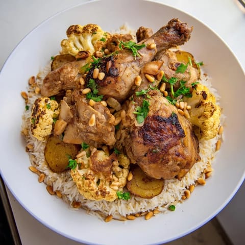 Golden-fried cauliflower and spiced chicken with rice, the heart of flavorful Palestinian Maklouba.