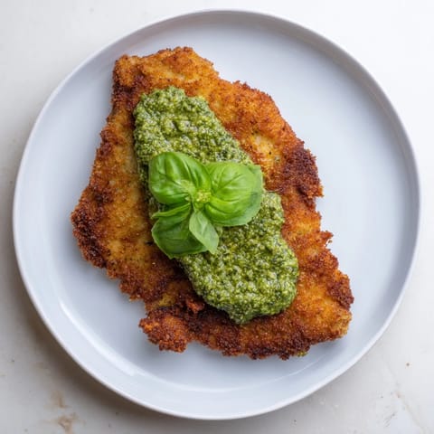 Golden-brown Crispy Pesto Chicken Cutlets rest on a plate beside bright lemon wedges and a simple side salad.