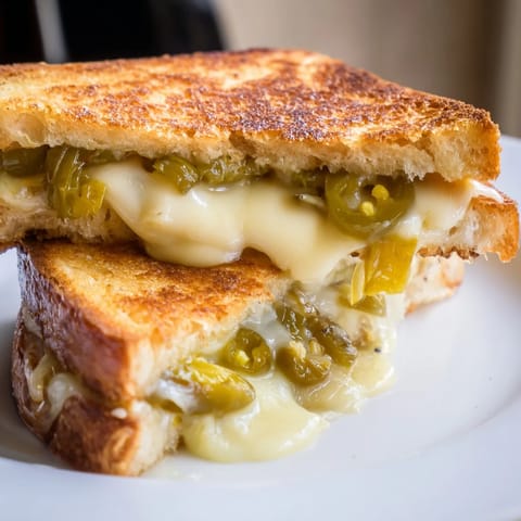 A close-up of a Jalapeño Pepper Jack Grilled Cheese, showcasing gooey cheese and tangy jalapeño slices oozing from the crispy bread.  