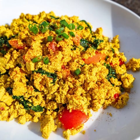 A vibrant bowl of plant-based tofu scramble, seasoned with turmeric and smoked paprika, ready for a hearty vegan breakfast or brunch.