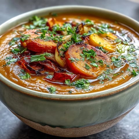 A comforting bowl of Roasted Vegetable Soup garnished with fresh parsley and crunchy croutons