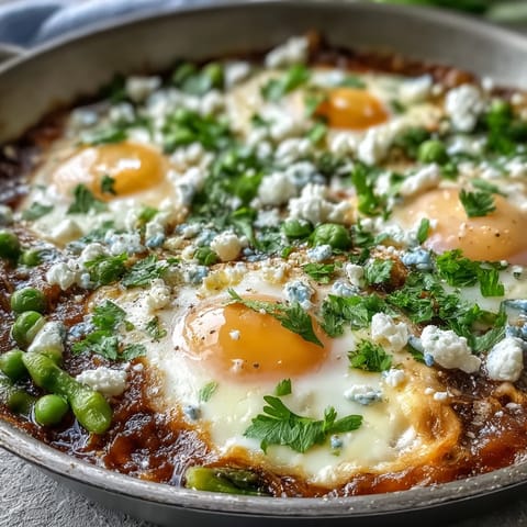 Spring-inspired Pea and Broad Bean Shakshuka features bright green vegetables and runny egg yolks in a spicy tomato sauce.