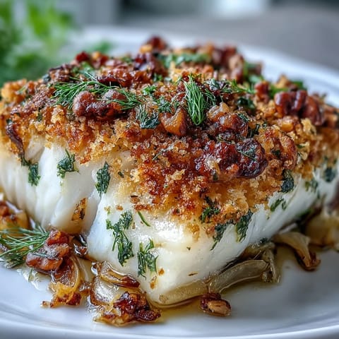 Golden-baked halibut fillets topped with a crunchy lemon-walnut pangrattato, served alongside tender roasted fennel.