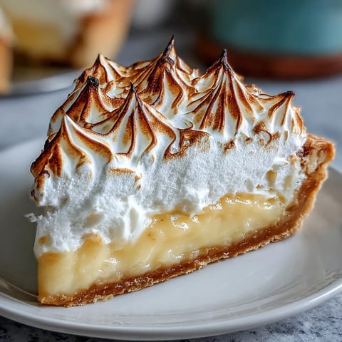 A single slice of zesty Lemon Meringue Pie rests on a white plate, showcasing the fluffy meringue and bright citrus filling.