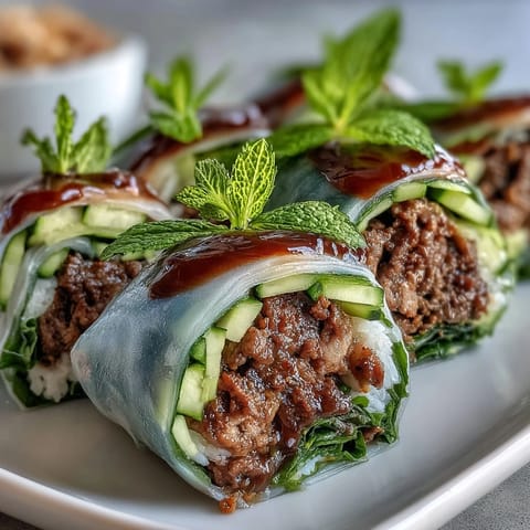 Fresh Thai basil beef rolls featuring tender beef, crisp vegetables, and fragrant herbs—perfect for a light lunch or appetizer.  