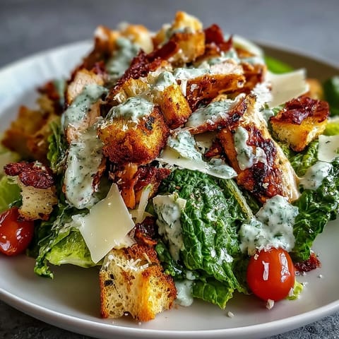 Romaine Caesar Bowl topped with shaved Parmesan and halved cherry tomatoes for color.