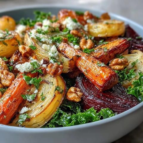 Warm tangy dressing drizzled over a Winter Root Vegetable Bowl garnished with pumpkin seeds and feta.