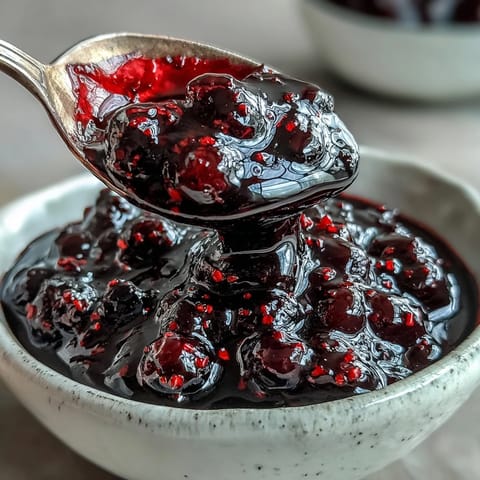 Glossy black currant sauce drizzled over creamy vanilla ice cream in a chilled white bowl.