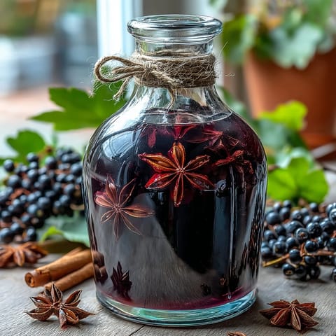 A jar of Homemade Spiced Blackcurrant Vodka Liqueur infusing with cinnamon, star anise, and lemon zest beside fresh berries.
