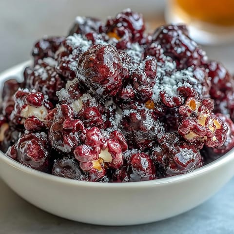 Glossy kettle corn coated in tangy black currant cheesecake powder, piled high in a white ceramic serving bowl for a sweet snack.
