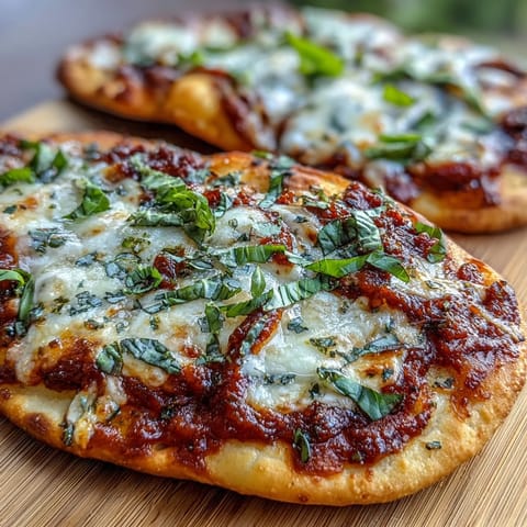 Golden-brown Garlic Naan Margherita Pizzas fresh from the oven with bubbling mozzarella and fresh basil.