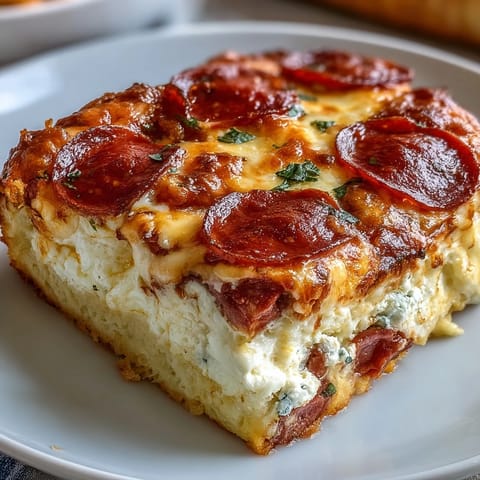 A slice of High-Protein Pizza Breakfast Casserole is lifted to reveal fluffy eggs and a Greek yogurt dough crust.