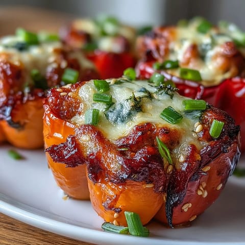 Twelve vibrant mini peppers filled with savory Korean-spiced ground turkey and topped with golden, bubbly mozzarella cheese. The peppers are arranged on a baking sheet, ready to be served as a colorful main dish or appetizer. A drizzle of sesame oil and fresh green onions garnish the top.