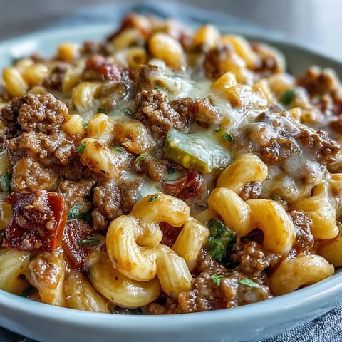 Ground beef, elbow macaroni, and chopped pickles make this easy weeknight dinner ready in thirty-five minutes.