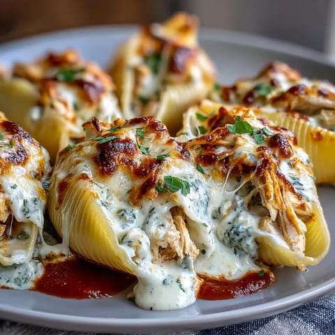Jumbo pasta shells filled with creamy pesto chicken and Greek yogurt, arranged in a baking dish.