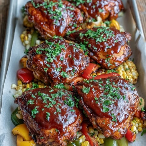 Juicy Sheet Pan BBQ Chicken thighs sit next to caramelized corn on the cob and tender red onion wedges on a dark sheet pan.