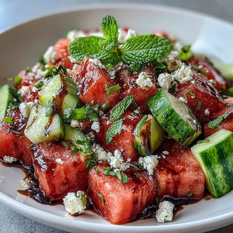 Freshly cubed watermelon and cucumber tossed with mint, feta, and a drizzle of balsamic glaze in a white bowl.