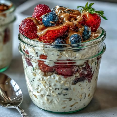 Clean Eating Berry Overnight Oats with Almond Butter Swirl topped with sliced strawberries and blueberries, ready to serve.