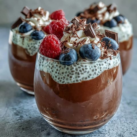 Glass dessert cups display alternating dark chocolate chia pudding and airy coconut whip layers. Fresh raspberries, strawberries, and shaved vegan chocolate top the Vegan Chocolate Chia Pudding Parfaits.