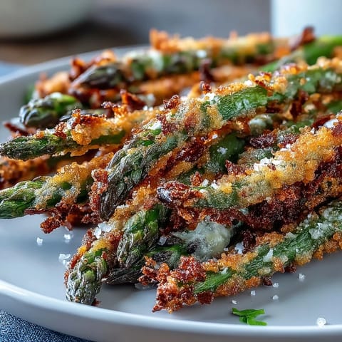 Crunchy Panko-coated Crispy Chili-Garlic Asparagus Fries garnished with fresh parsley and lemon wedges.