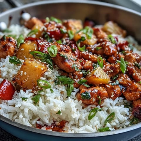 Close-up of the Sweet-and-Sour Turkey Rice Skillet showing tender ground turkey, bell peppers, and pineapple chunks in a glossy sauce.